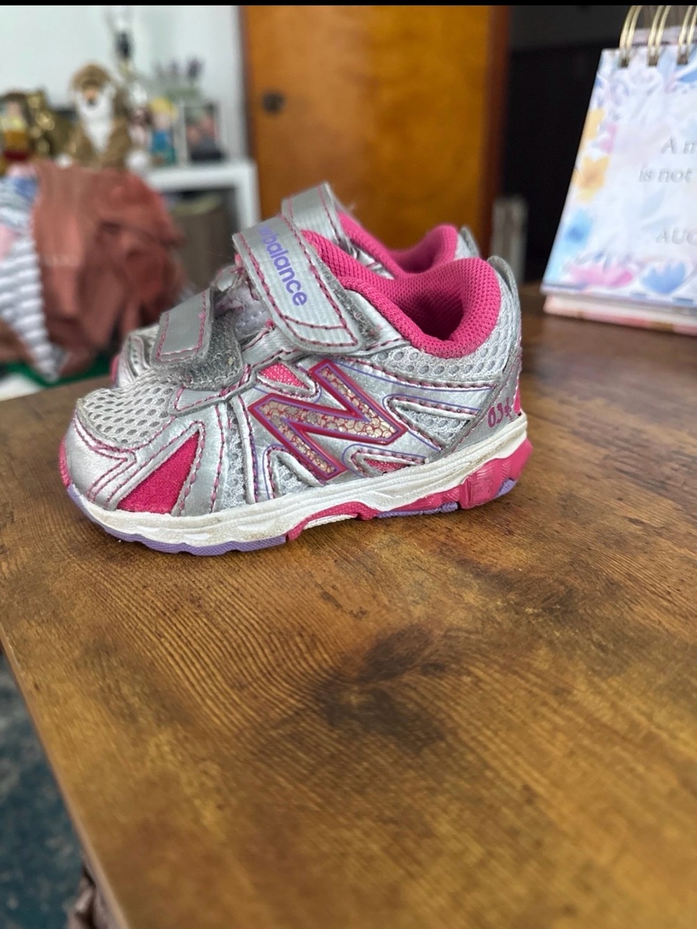 New Balance Baby Girl Silver and Pink Velcro Sneakers
